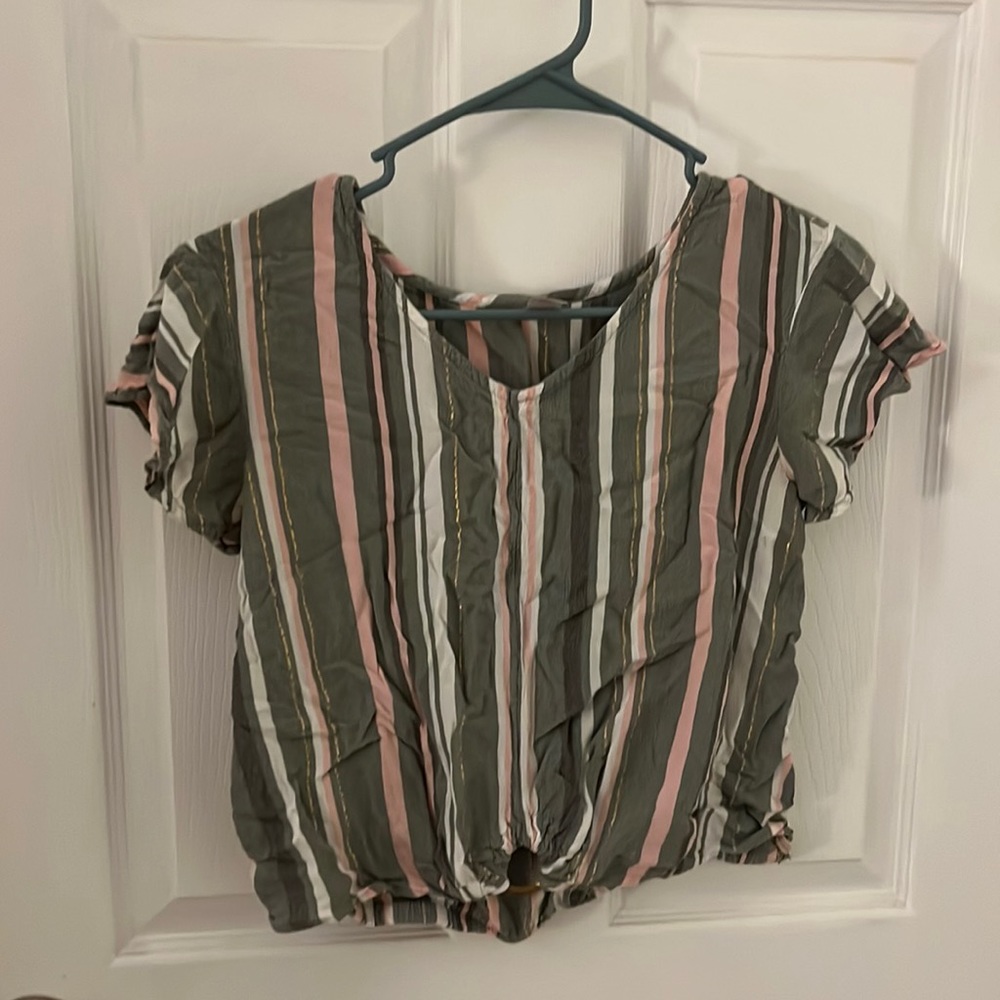 army green and pink striped top